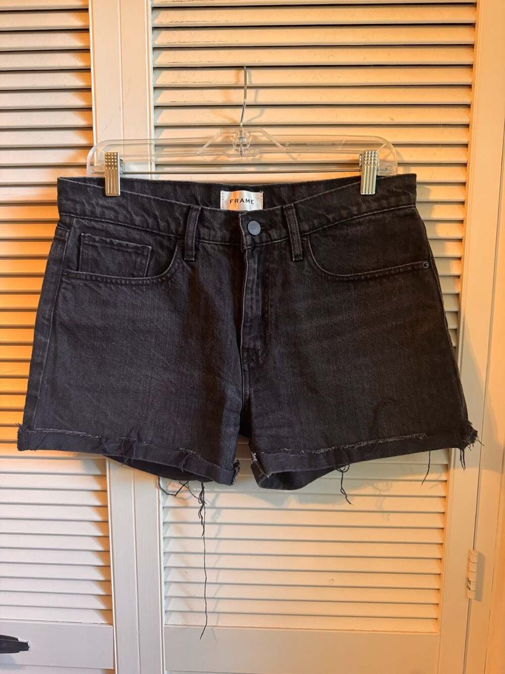 FRAME Le Garçon Denim Shorts Secrecy Black Distressed Cutoff Size 27